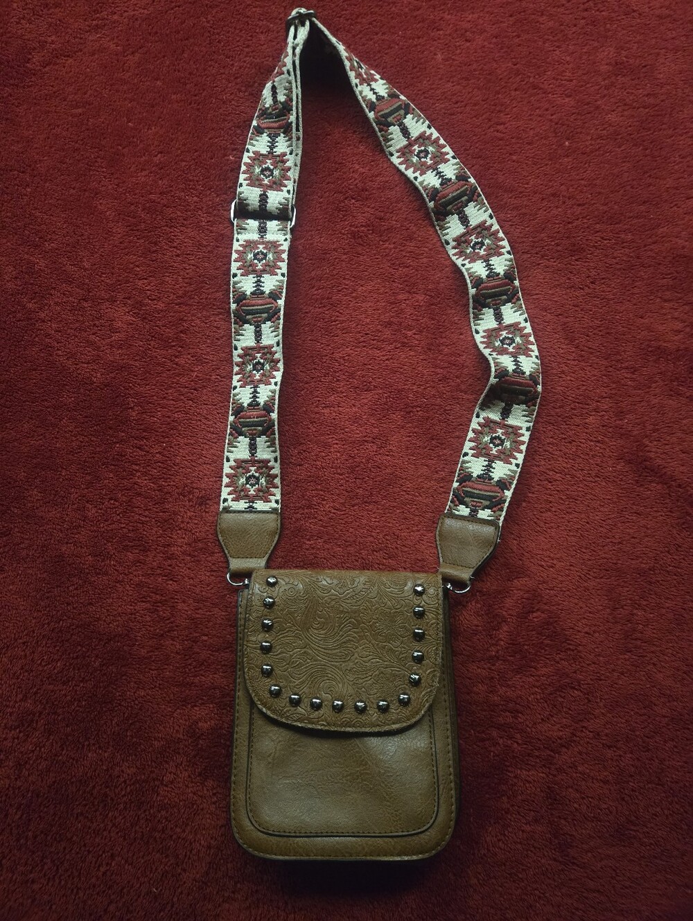 Leather Crossbody Bag with Embossed Flap and Studs